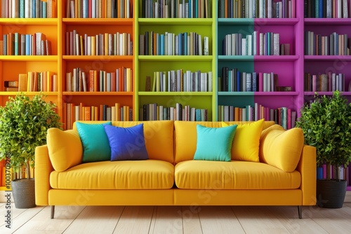 Bright Colorful Bookshelf Decorating a Minimalist Living Room for Modern Design