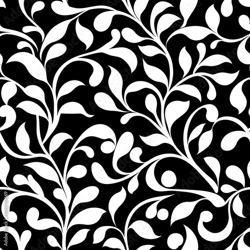 A striking black and white pattern featuring elegant vines and leaves, creating a sophisticated and modern design ideal for various creative projects.