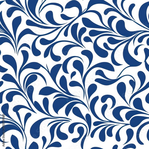 A repeating pattern of elegant blue floral motifs on a white background, creating a stylish and dynamic design.