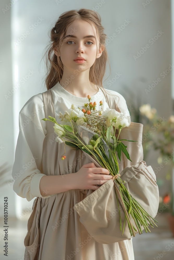 Young woman holds bouquet of flowers in reusable eco-friendly bag indoors. Earthy tones and natural fabrics blend with fresh flowers. Sustainable lifestyle concept. Young woman holds bouquet of flowers in reusable eco-friendly bag indoors. Earthy tones and natural fabrics blend with fresh flowers. Sustainable lifestyle concept.