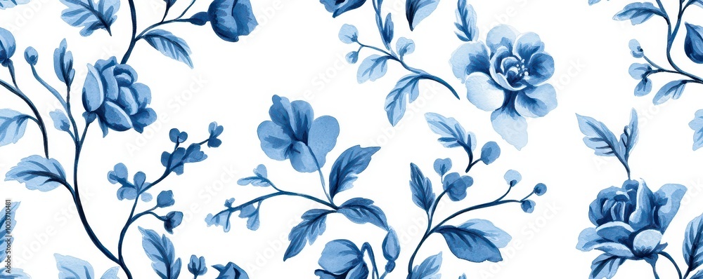 Fototapeta premium A floral pattern in shades of blue, featuring intricate flowers and leaves on a white background, creating an elegant and serene aesthetic.