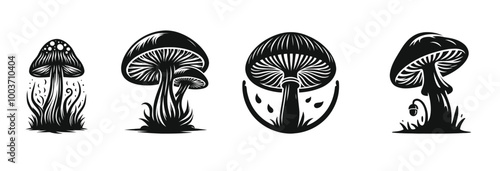 Natural Fungus Mushroom Vector Illustration Silhouette Isolated on White Background, Mushroom Logo Silhouette