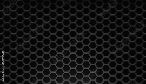 Black Metal Hexagon Grid Steel Background. Hexagonal Holes Perforated Sheet Metal or Carbon Fiber Texture. New Strong Nanomaterial Technology Abstract Vector Illustration.