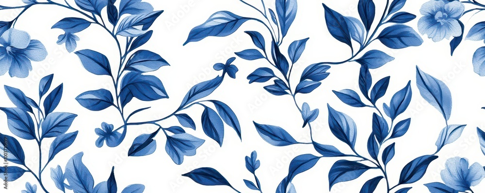 A striking blue floral pattern on a white background featuring delicate leaves and blossoms, perfect for textile design or home decor. A striking blue floral pattern on a white background featuring delicate leaves and blossoms, perfect for textile design or home decor.