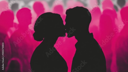 Pink silhouette of couple standing in monochrome crowd of different people,surreal unique and different concept,loneliness in society,shadow,freedom,Love,be yourself,Stand out from the crowd.