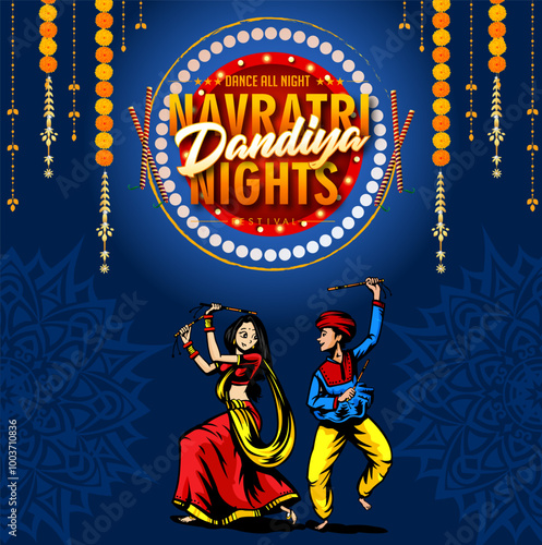 Vector design of Indian couple playing Garba in Dandiya Night Navratri Dussehra festival of India