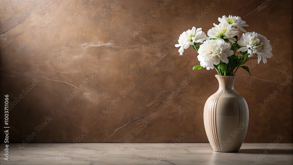 White marble vase with flowers on brown background White marble vase with flowers on brown background