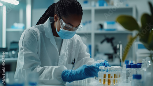 An African American female medical student, wearing protective clothing, is working in a pharmaceutical lab analyzing medicine vials and hospital patient samples as part of her research.