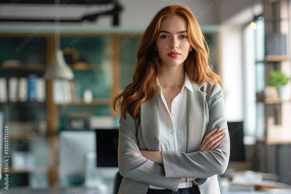Businesswoman in office attire, formal wear, professional clothes, crossed arms, confident pose. Woman in suit, blouse, heels, jewelry. Office setting, indoor, workplace, career, profession, job, Businesswoman in office attire, formal wear, professional clothes, crossed arms, confident pose. Woman in suit, blouse, heels, jewelry. Office setting, indoor, workplace, career, profession, job,