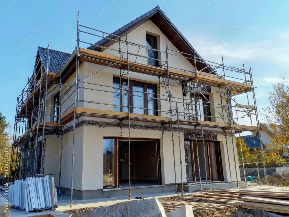 Exterior view of a new house in scaffolding under construction and painting. Exterior view of a new house in scaffolding under construction and painting.