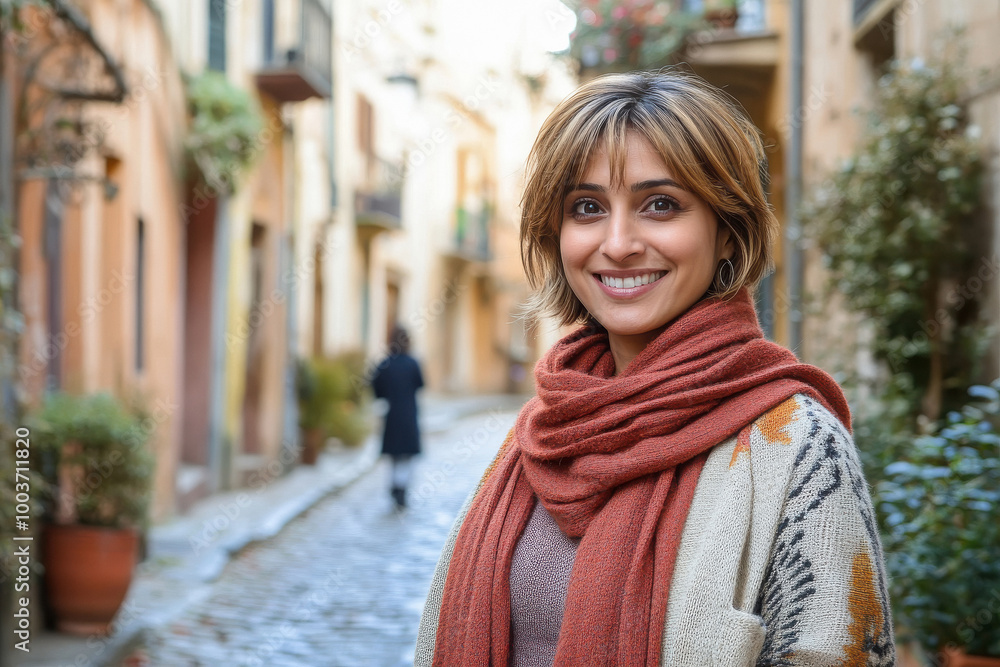 Fototapeta premium young beautiful woman standing at city street