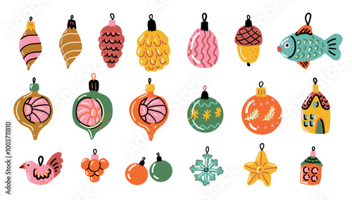 Vintage Christmas bauble. Set of retro decoration. Christmas bauble in the shape of pinecone, fish, acorn, star, bird. Naive art illustration.