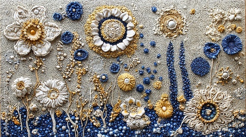  A detailed view of an artistic composition, crafted from beads and fabric It features intricately designed flowers and leaves