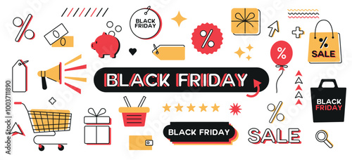 Black Friday Icons Set. Colourful Marketing Elements. Shopping, Discount, and Sale Symbols. Vector flat illustration of Gift Box, Tag, Bags, Megaphone and Percentage.