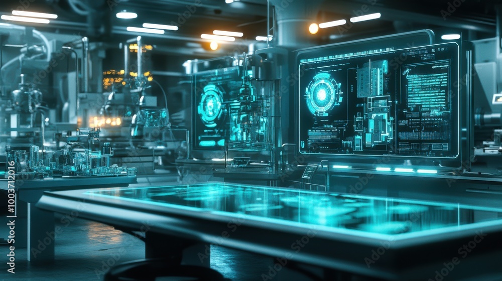 3D effect of a high-tech laboratory with glowing holographic displays and intricate machinery 3D effect of a high-tech laboratory with glowing holographic displays and intricate machinery