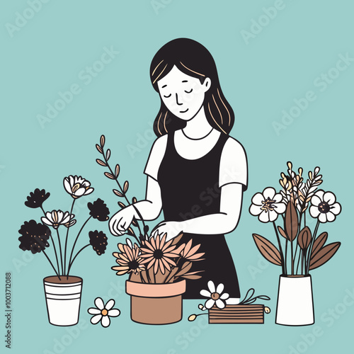 Young woman arranging flowers with a joyful expression at a table with various plants on a light blue background
