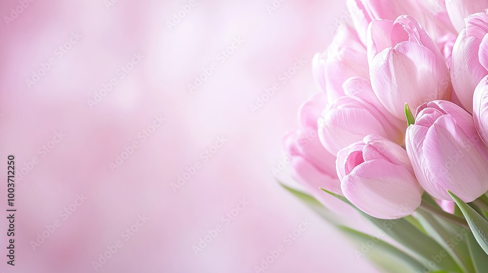 A bouquet of tulips is arranged on a pink background with blank copy space. Flat lay top view. A bouquet of tulips is arranged on a pink background with blank copy space. Flat lay top view.