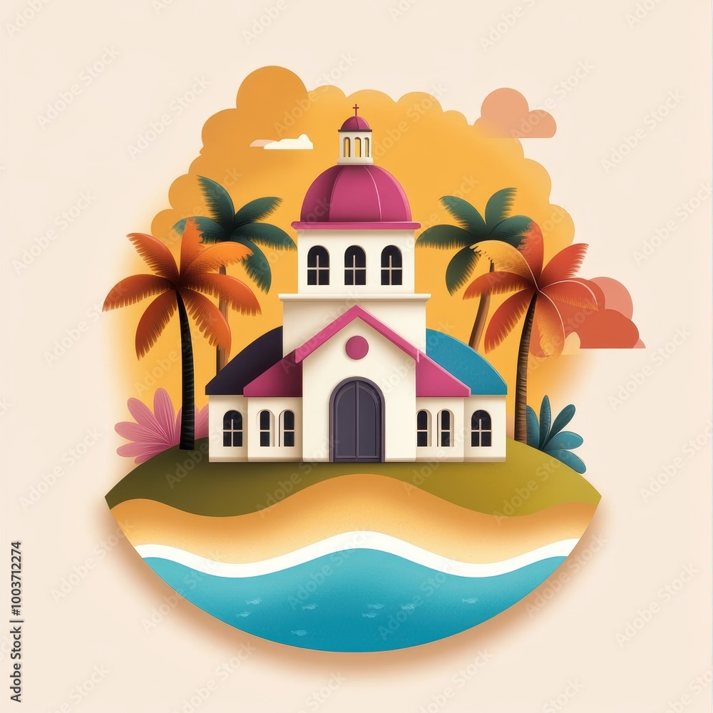 Obraz premium Colorful house by the beach with palm trees