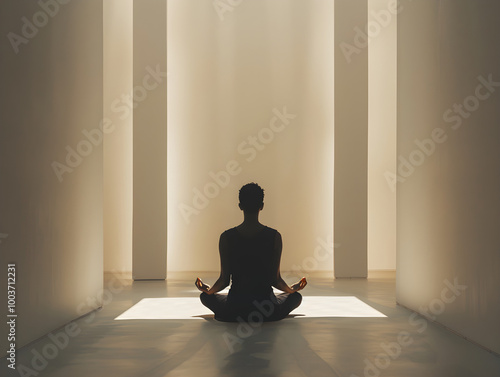 Person in lotus position, meditating peacefully in serene setting surrounded by nature and tranquility.