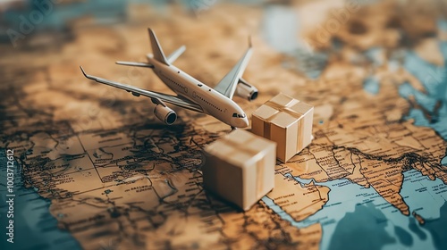 Airplane model with delivery boxes on a world map, symbolizing global shipping and logistics.