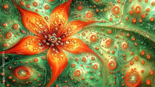  An abstract painting of orange and green flowers with water droplets on their petals