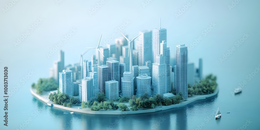 Fototapeta premium A miniature eco-friendly city features light blue skyscrapers and wind turbines, representing a sustainable urban design concept in a 3D render with futuristic architecture and clean technology.