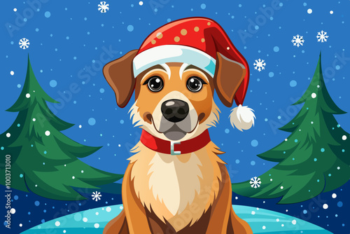 dog vector wearing a santa hat illustration cartoon, christmas time, snow background