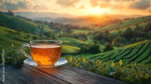 Serene Cup of Tea Overlooking Lush Green Tea Fields at Sunset in Countryside