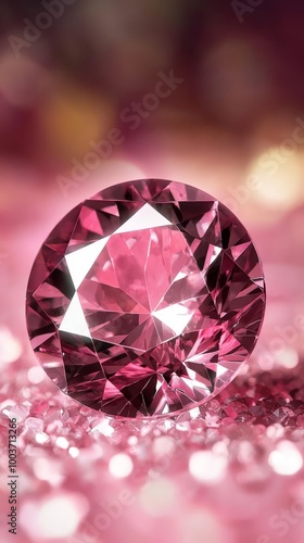  A pink diamond, tightly focused, atop a pink-white glittering surface Background softly blurred