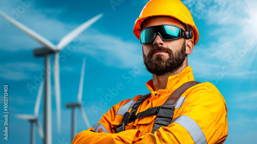 Worker in safety gear with wind turbines. photo