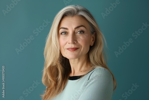 Middle-aged woman with casual attire posing in front of colorful background. Beautiful caucasian lady with stylish clothes and make-up. Green color dominates the scene.