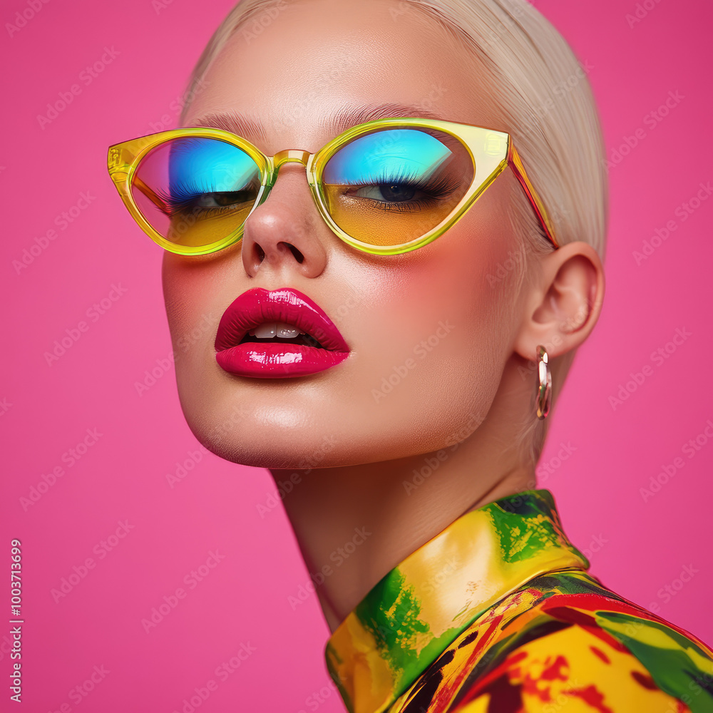 A fashion portrait of an elegant blonde woman with neon rainbow sunglasses, bold makeup, and a vibrant outfit against a pink background. A fashion portrait of an elegant blonde woman with neon rainbow sunglasses, bold makeup, and a vibrant outfit against a pink background.