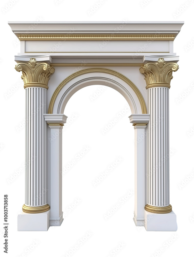 Naklejka premium Classic Roman-inspired arch with ornate golden detailing, isolated on PNG cutout background.