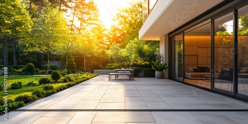 Modern patio design features bright outdoor spaces with large stone tiles and geometric patterns, complemented by minimalist landscaping and luxurious details in architectural photography. © horizon