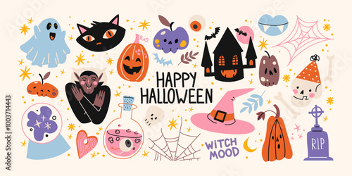 Halloween stickers and scary magic in cartoon style 90s. Vintage witchcraft shapes: skull, pumpkin, witch, ghosts, eye, potion. Spooky scary groovy patches set.