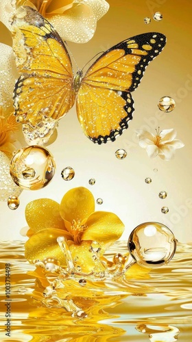  A butterfly hovers above tranquil water, where a floating bloom rests in its mirror-like surface Beneath, gentle bubbles rise from the depths