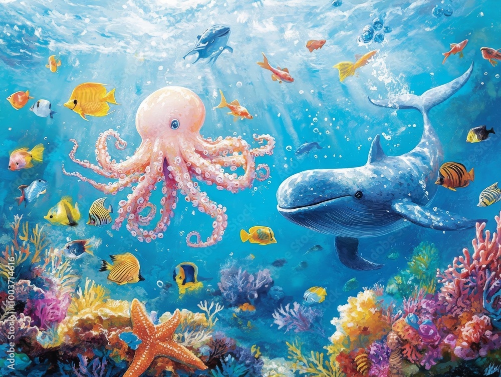 2408 3.Marine life joy: A playful collection of marine creatures swimming joyfully through an underwater world. Bright coral and seaweed surround an expressive octopus, starfish, and a whale gliding 2408 3.Marine life joy: A playful collection of marine creatures swimming joyfully through an underwater world. Bright coral and seaweed surround an expressive octopus, starfish, and a whale gliding