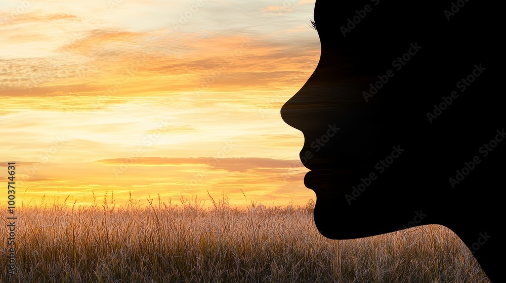 Silhouette of a Woman s Face Against a Golden Sunset and Field of Grass Silhouette of a Woman s Face Against a Golden Sunset and Field of Grass