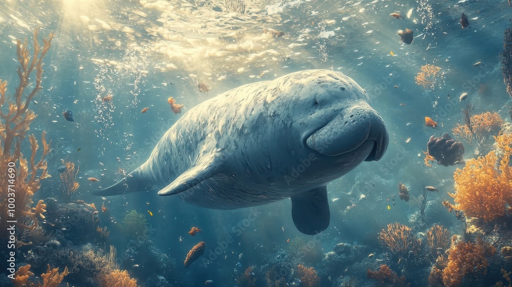 Fototapeta premium Surreal dugong exploring a fantastical underwater world with floating objects and whimsical, dreamlike scenes.