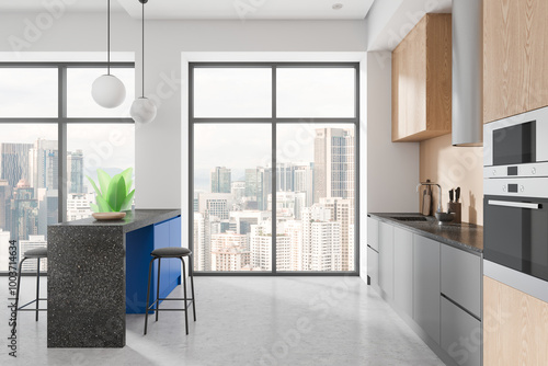 Modern kitchen interior with city view through large windows. 3D Rendering