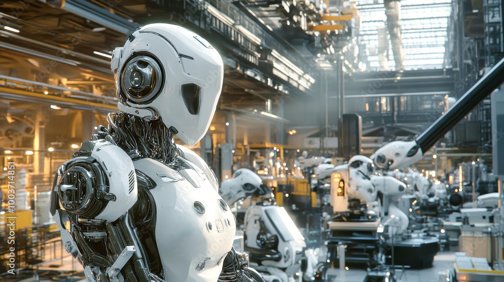 Fototapeta premium Witness a high-tech factory bustling with robotic arms and advanced machines skillfully working together to produce sophisticated products amidst a futuristic ambiance