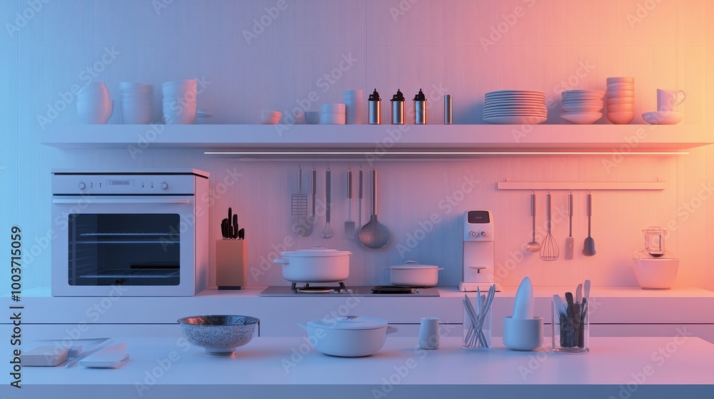 3D effect of a minimalist kitchen with high-tech appliances, neatly arranged utensils, 3D effect of a minimalist kitchen with high-tech appliances, neatly arranged utensils,