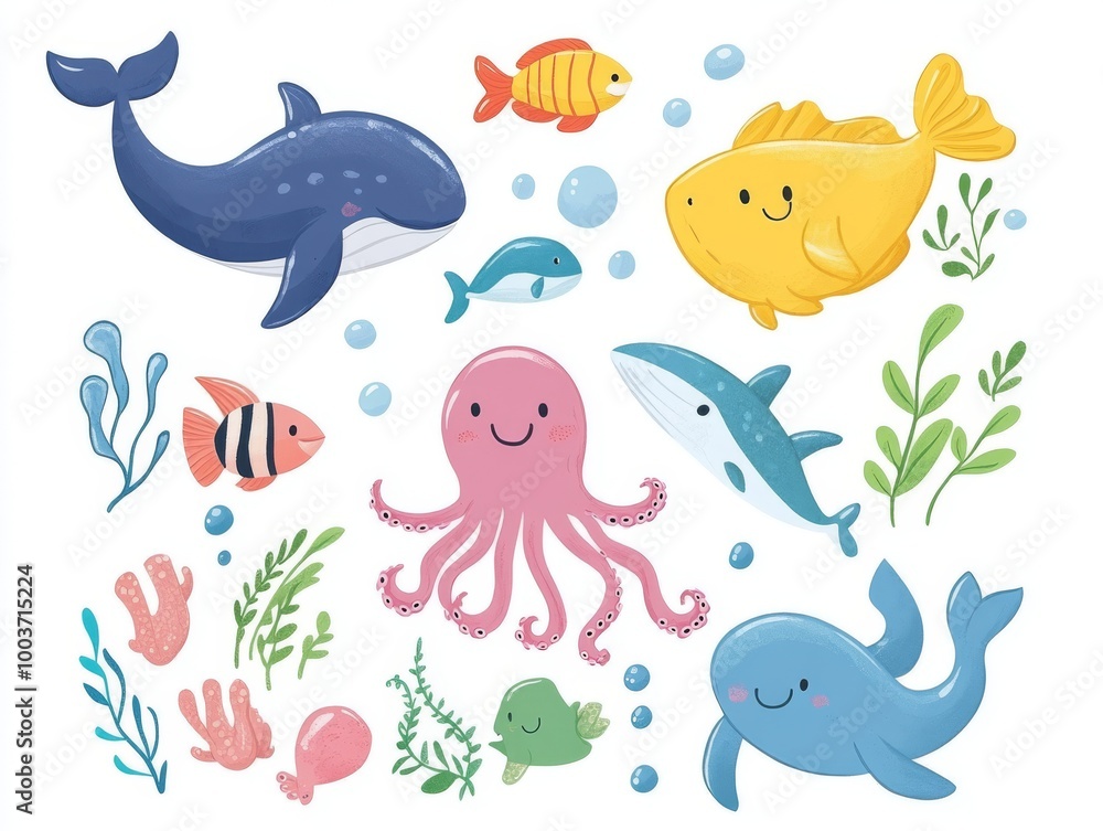 2408 12.Underwater sea animal set: A delightful set of cute sea creatures like fish, octopus, whale, and seaweed, placed on a clean white background. Each element is designed with a cheerful and 2408 12.Underwater sea animal set: A delightful set of cute sea creatures like fish, octopus, whale, and seaweed, placed on a clean white background. Each element is designed with a cheerful and