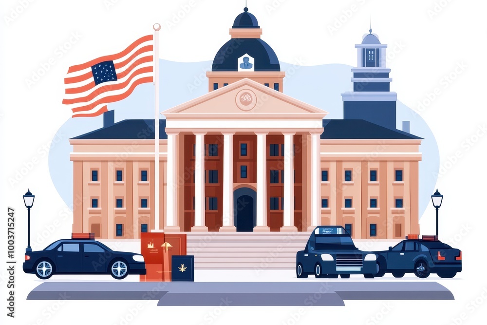 Naklejka premium Government building with flag and cars.