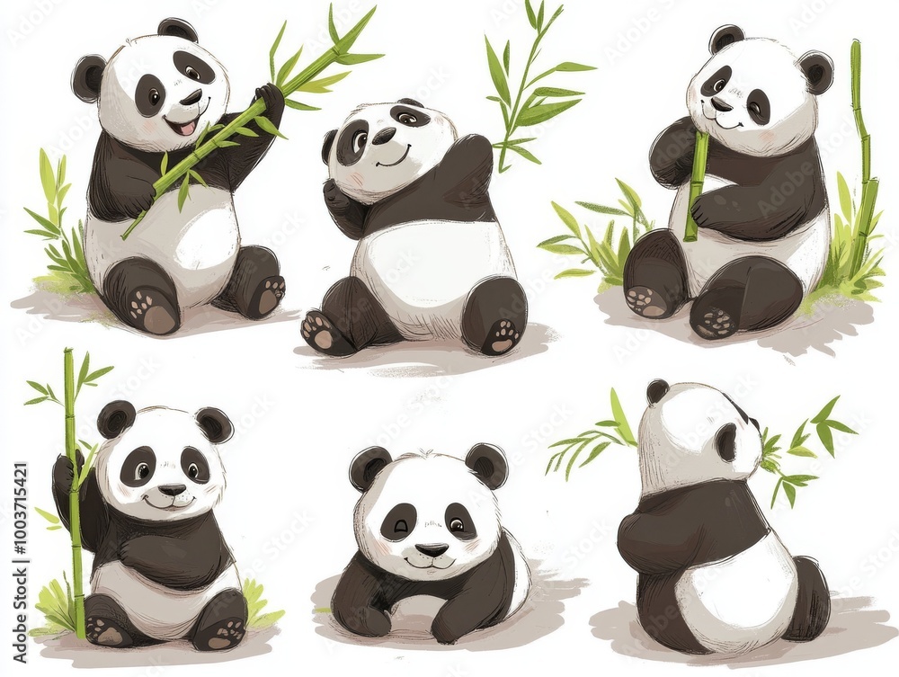 Obraz premium 2408 16.Panda characters in various poses: A set of cute hand-drawn panda bears in different poses, from sitting and eating bamboo to sleeping peacefully. Each panda is illustrated in a fun and