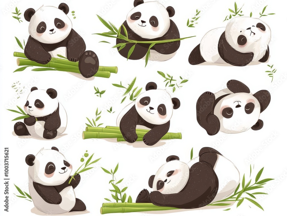 Fototapeta premium 2408 20.Adorable panda bear collection: A set of cartoon pandas in different playful poses, such as lounging, eating bamboo, and sleeping. The cute hand-drawn style is perfect for creating stickers,