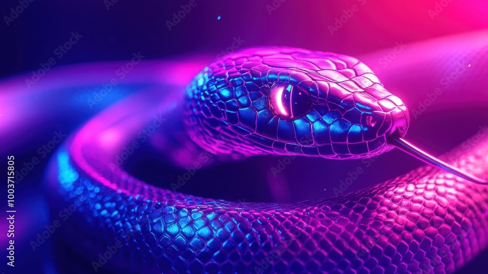Obraz premium A snake in Synthwave style, with neon colors and retro-futuristic elements against a vibrant background.