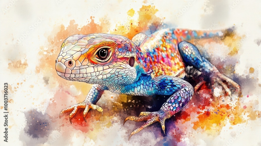 A lizard illustrated in watercolor style, showcasing its vibrant scales with soft, blended hues. A lizard illustrated in watercolor style, showcasing its vibrant scales with soft, blended hues.