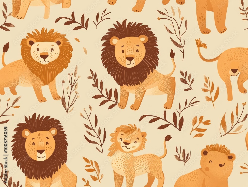 Fototapeta premium 2408 30.A seamless lion pattern in a flat vector style, with lions depicted in various dynamic poses. The design features warm earth tones and geometric lines, making it ideal for use in modern