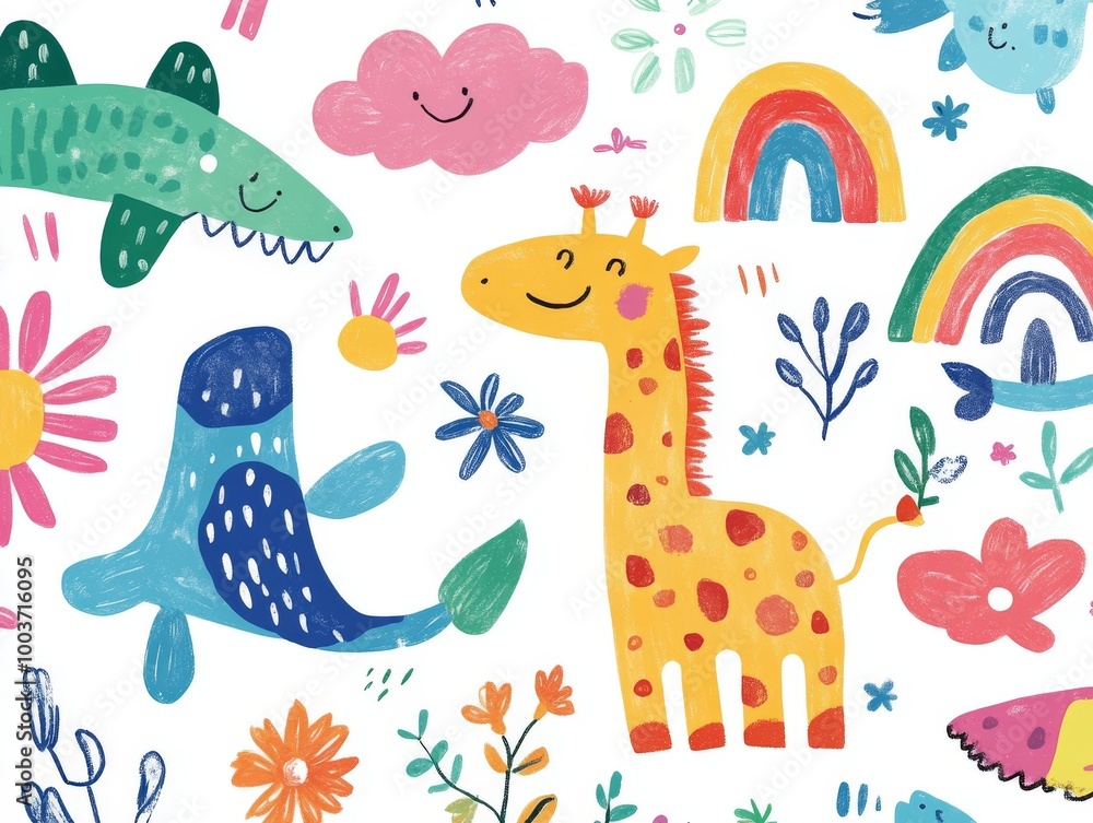 2408 31.A vibrant kids' drawing illustration set, featuring hand-drawn animals like a giraffe, crocodile, and shark. The colorful doodles include playful rainbows, flowers, and clouds, all created 2408 31.A vibrant kids' drawing illustration set, featuring hand-drawn animals like a giraffe, crocodile, and shark. The colorful doodles include playful rainbows, flowers, and clouds, all created